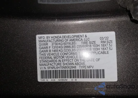 2022 Honda Odyssey Ex-L z USA, uszkodzony, nr VIN 5FNRL6H70NB062848